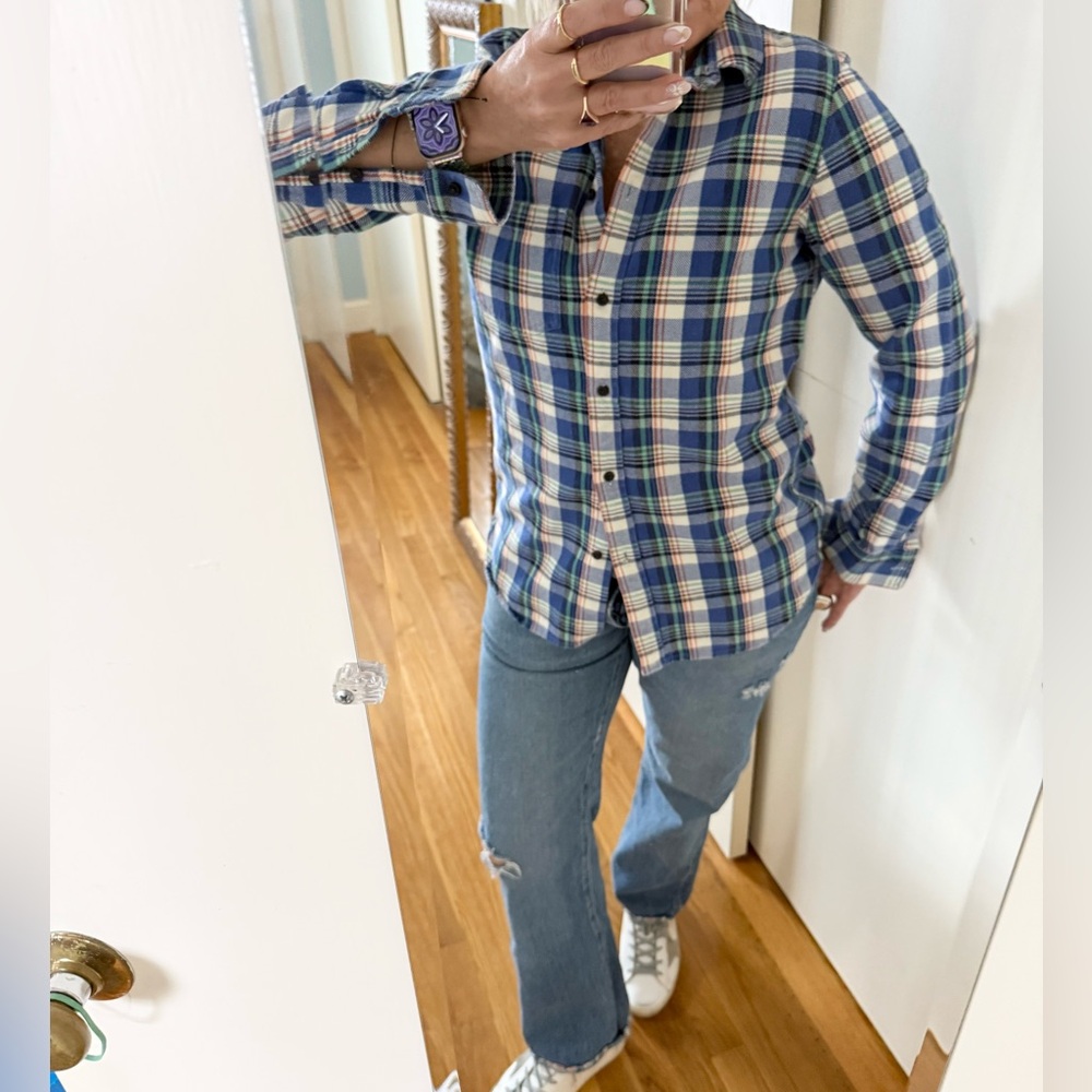 Madewell Classic Plaid Flannel Shirt | Blue Green White | Size M - Picture 3 of 11